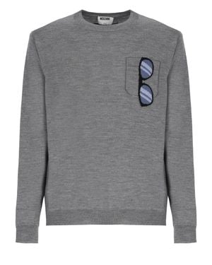 Moschino Embroidered Sunglasses Detail Wool Sweater - Gray