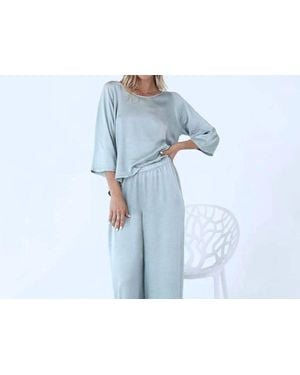 PJ Harlow Perla Satin Crew Neck Three Quarter Sleeve Top - Blue