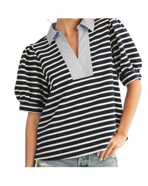 Jodifil Short Sleeves Stripe Top With Solid Contrast Neckline - Black