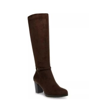 Anne Klein Reachup Boots Suede Faux Suede Block Heel Lion646 - Brown