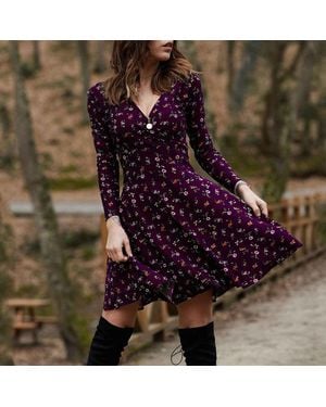 TRUEDAMES Retro Floral Print V-Neck Long Sleeve Dress - Purple