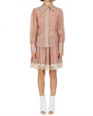 Beulahstyle Lace Trim Detail Chiffon Shirt & Mini Skirt Set - Pink