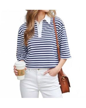 Vine & Love Collared Half Sleeve Strip Polo Knit Top - Blue