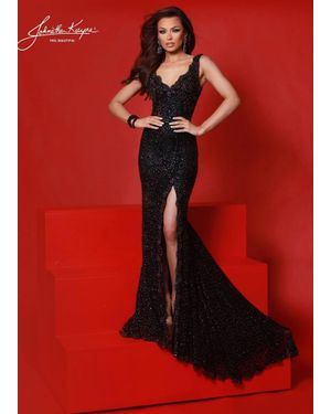 Johnathan Kayne Sexy V-Neck Prom Gown With Slit - Red