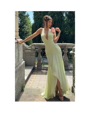 TRUEDAMES Solid Halter Deep V Backless Maxi Tulle Dress - Green