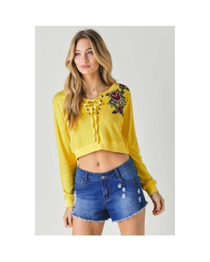 TRUEDAMES Floral Embroidered Cropped Sweatshirt - Yellow