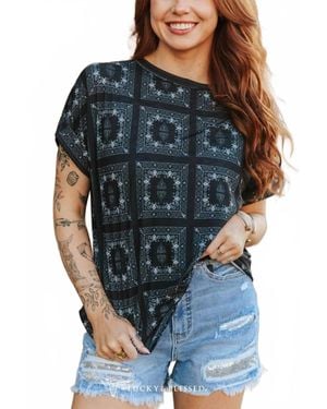 Lucky & Blessed Western Bandana Print Rolled Cuff Short Sleeve Top - Blue