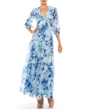 Maison Tara Floral Print Three Fourth Sleeve Tiered Maxi Dress - Blue