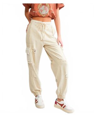 Pol Tie Waistband Contrast Crochet Cargo Pockets Denim Jogger - Natural