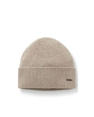 BOSS Knit Cashmere Beanie With Metal Logo Plaque - Natural