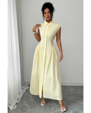TRUEDAMES Front Slit Collar Cap Sleeve Ruched Waist Long Dress - Natural