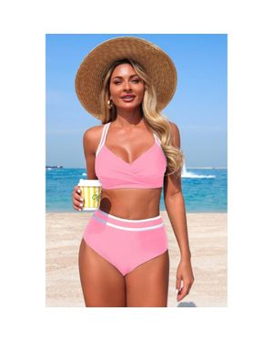 TRUEDAMES Two Piece High Waisted Cross Contrasting Bikini - Pink