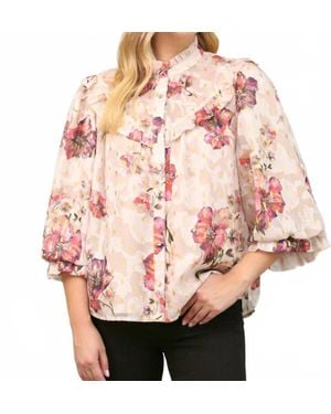 Fate Metallic Floral Chiffon Sleeve Blouse - Pink