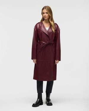NVLT Poet Lapel Belted Faux Leather Trench Coat - Red