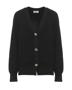 Elisabetta Franchi Ribbed Sweater With T-Closure And Cropped Fit - Black