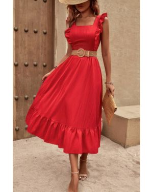 TRUEDAMES Sleeveless Ruffle Cross Open Back Knot Fit Dress - Red
