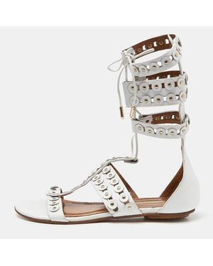 Aquazzura Studded Leather Strappy Gladiator Flat Sandals - White