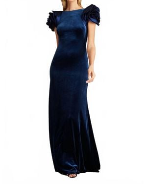 Tadashi Shoji Maylee Rosette Shoulder Velvet Gown - Blue
