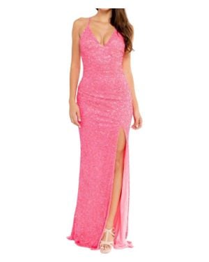 Primavera Deep V-Neck Cheeky Slit Prom Dress - Pink
