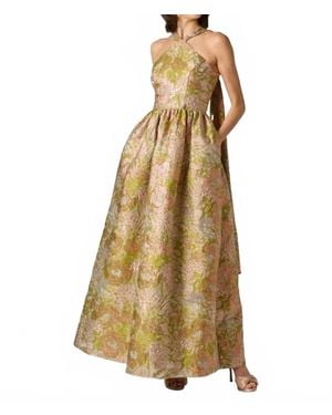 Aidan Mattox Floral Jacquard Halter Scarf Neckline Long Dress - Metallic