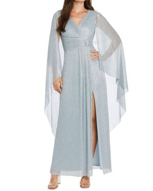 R & M Richards Metallic Chiffon Long Dress With Sheer Cape - Blue