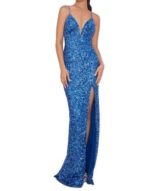 Chandalier Deep V Neck Prom Gown - Blue