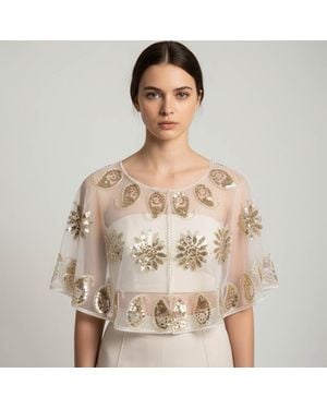 TRUEDAMES Floral Sequin Embellished Sheer Cape Shawl Top - Brown