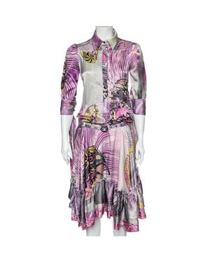 Just Cavalli Printed Silk Belted Ruffled Hem Dress - Purple