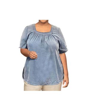 On The Plus Side Chambray Short Sleeve Pop Over Top - Blue