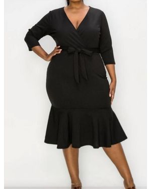 Janette Plus Belted Ruffle Bottom Dress - Black