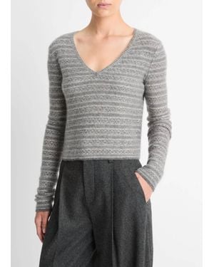 Vince Fair Isle V-Neck Long Sleeve Tee - Gray