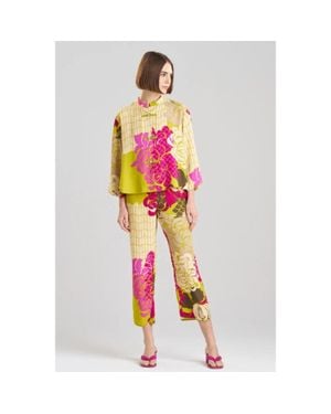 Natori Rimini Satin Pajama Set Mandarin Collar Side Slits Gbo2893 - Pink