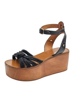 Isabel Marant Jute And Leather Knotted Wedge Platform Ankle Strap Sandals - Blue
