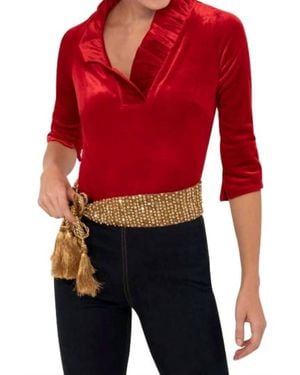 Gretchen Scott Stand Up Ruffle Neck Velvet Top - Red