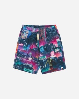 A Bathing Ape Men S Neon Tokyo Track Shorts Multicolor - Blue