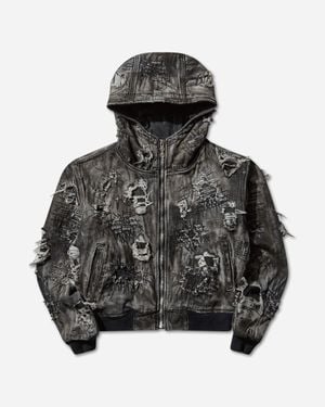 THUG CLUB Men S Hard-washed Damaged Denim Hooded Zip-up Jacket - Grey