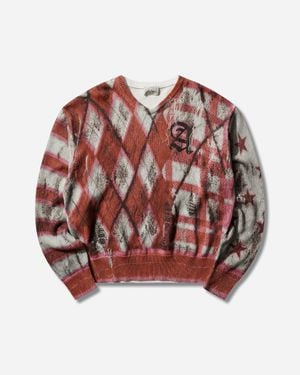 Aries Digi Patchwork V Neck Knit Sweater - Red