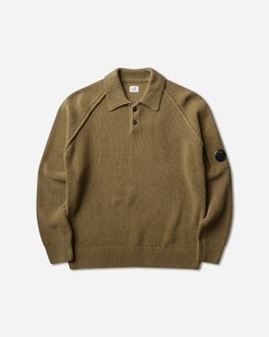 C.P. Company Men S Chenille Cotton Polo Knit Jumper Ermine - Green