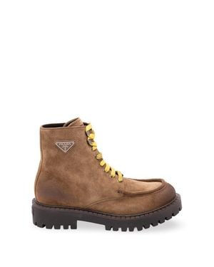 Prada Aged Suede Lace-Up Ankle Boots - Marrone