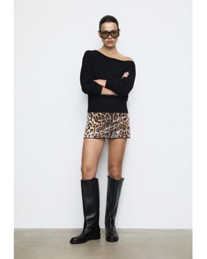 Stradivarius Pantaloncino A Gonna Mini Paillettes Leopardo - Nero