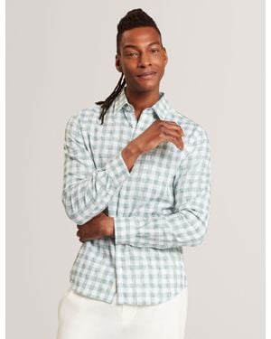 Ted Baker Marc Grindle Check Linen Blend Long Sleeve Shirt - White