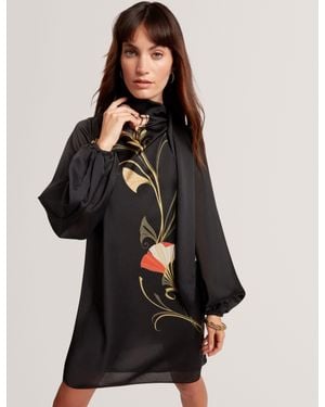 Ted Baker Molma Nouveau Print Tie Neck Long Sleeve Mini Dress - Black