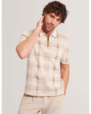 Ted Baker Halpirt Checked Zip Neck Cotton Knit Polo - Natural