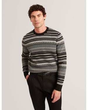 Ted Baker Amarat Fair Isle Crew Neck Wool Jumper - Grey