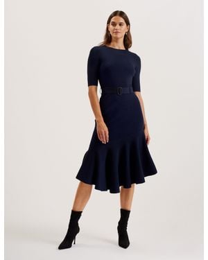 Ted Baker Knit Midi Dress With Belted Waist & Flippy Hem - Blue