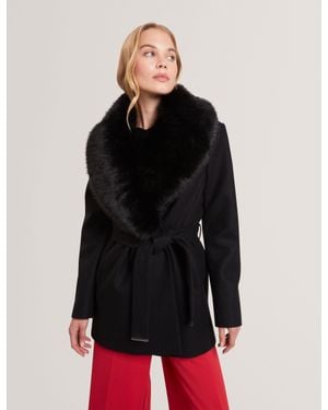 Ted Baker Toroja Faux Fur Collar Short Wrap Coat - Black