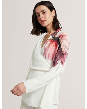 Ted Baker Joleene Print Detail Wrap Front Long Sleeve Blouse - White
