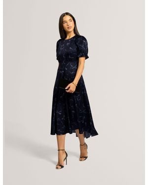 Ted Baker Gratia Bow Print Puff Sleeve Crepe Midi Dress - Blue