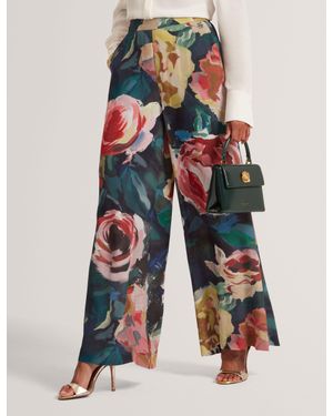 Ted Baker Opulena Rose Print Stretch Waist Wide Leg Trousers - Blue