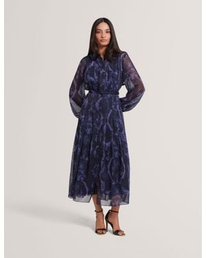 Ted Baker Oskana Lace Print Pleated Midi Dress - Blue